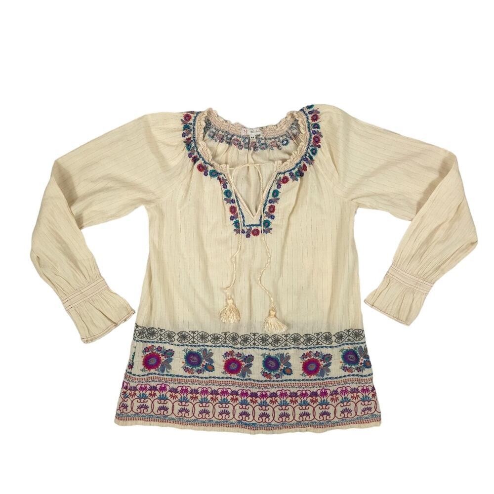 Johnny Was 3J Workshop Embroidered Long Sleeve Blouse Boho Chic Cottagecore